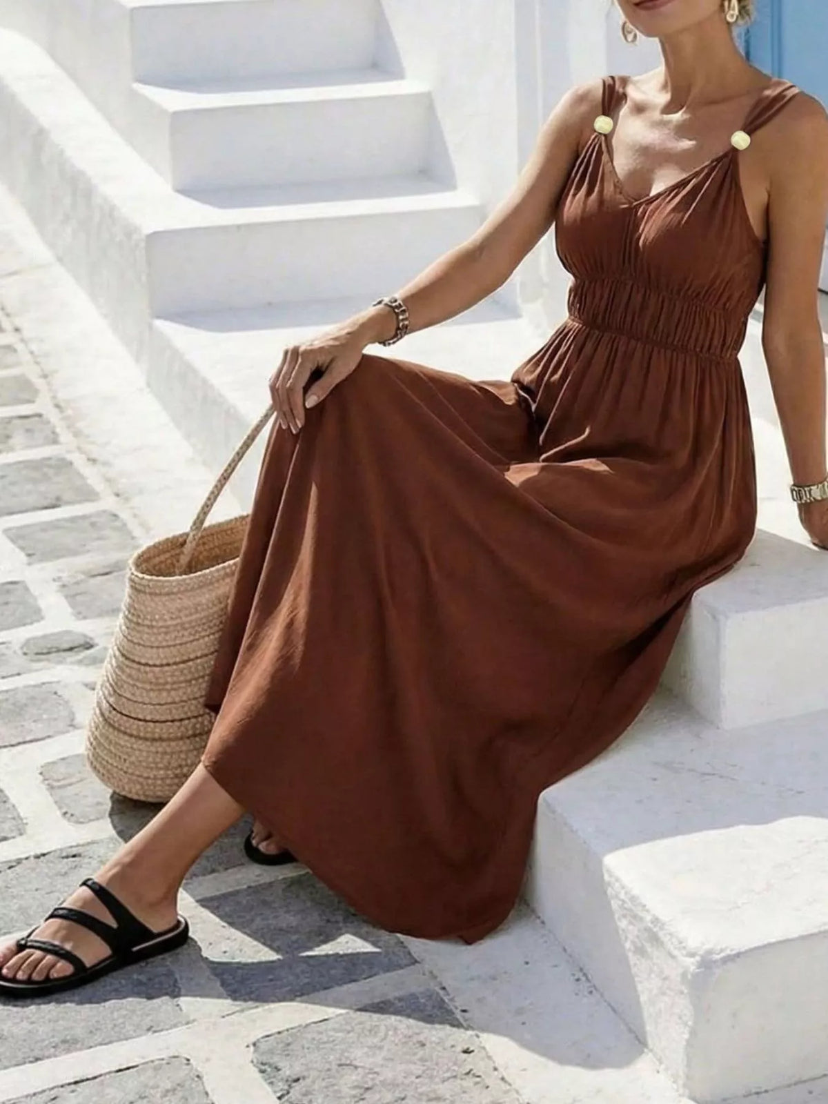 Ruched V-Neck Maxi Dress in Brown