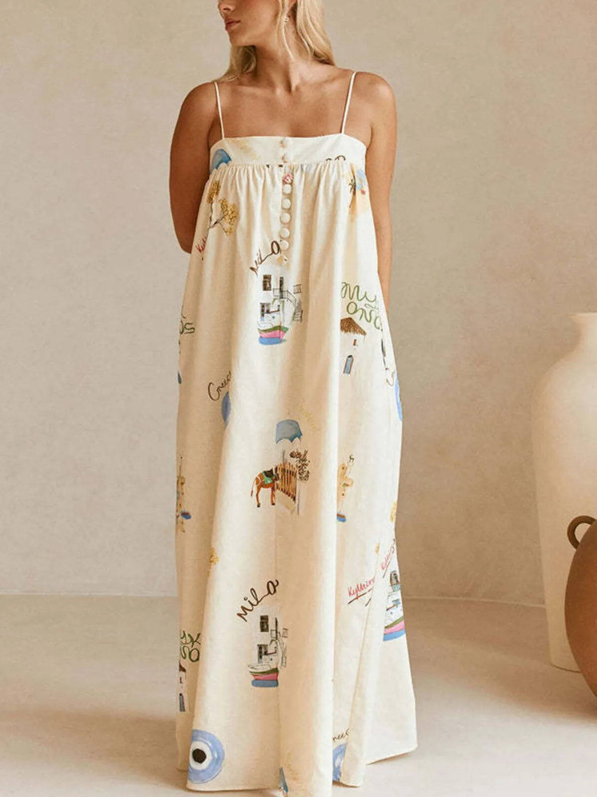 Bohemian Print Cami Maxi Dress in Beige