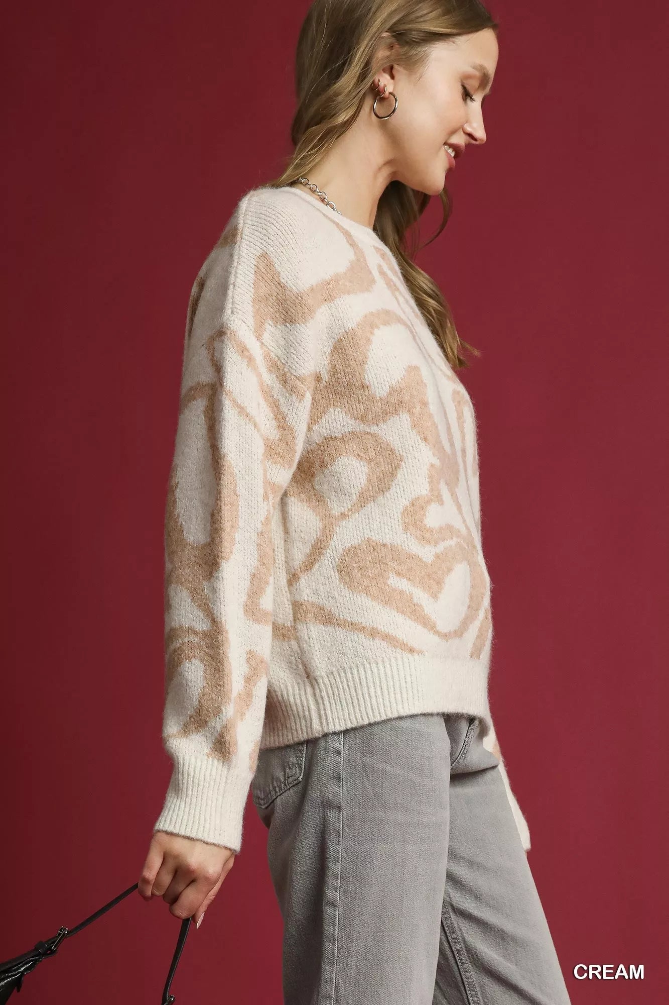 Umgee Heart Print Crew Neck Sweater in Cream