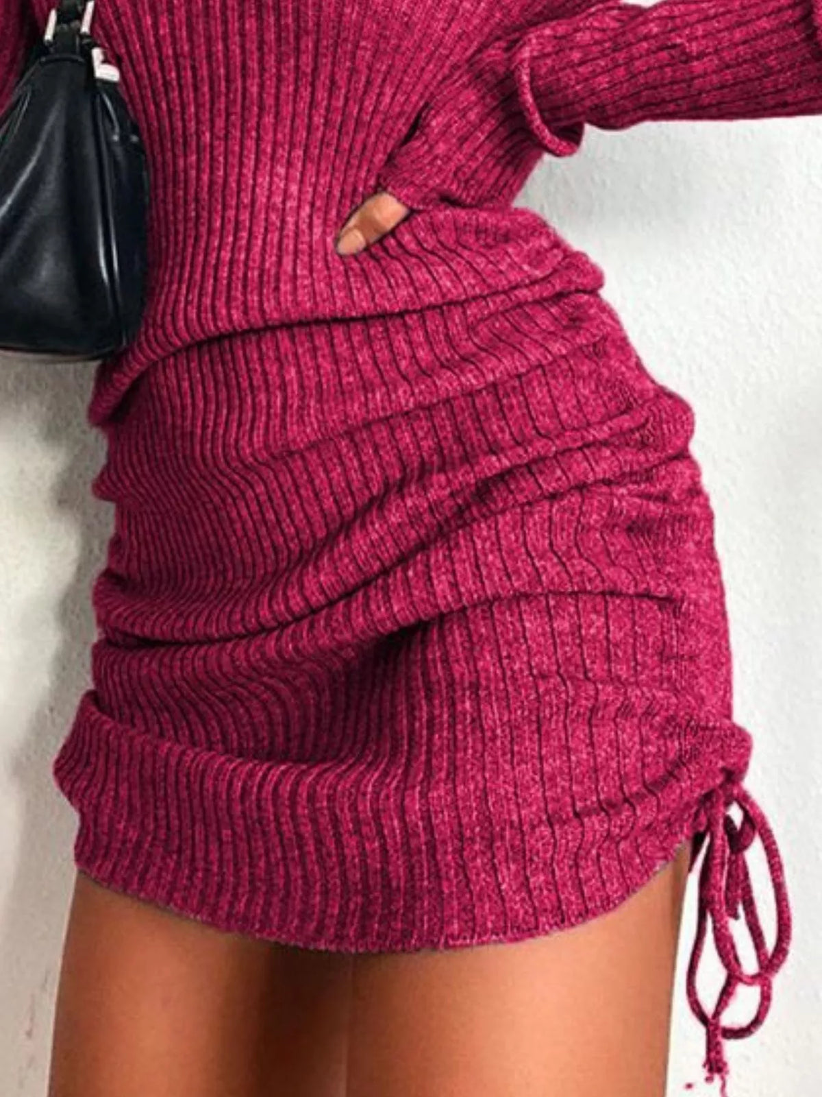 Ribbed Knit Drawstring Bodycon Sweater Dress