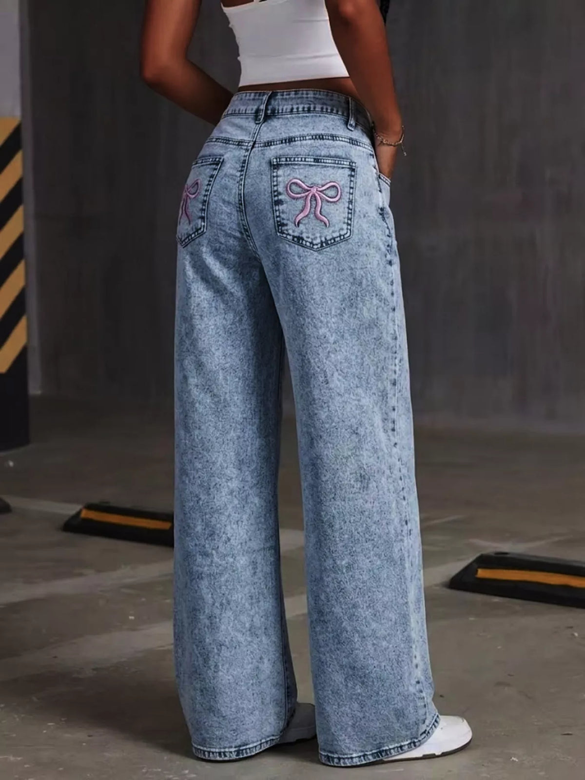 Embroidered Bow Wide Leg Jeans in Dusty Blue