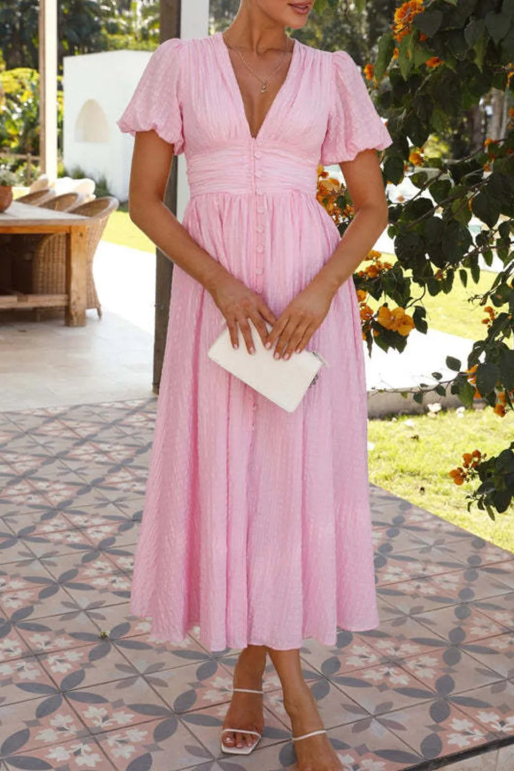 Smocked Puff-Sleeve V-Neck Midi Dress