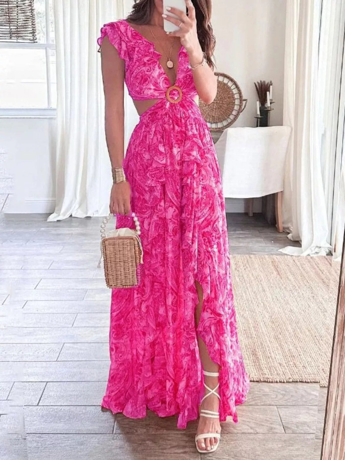 Ruffled Cutout V-Neck Maxi Dress