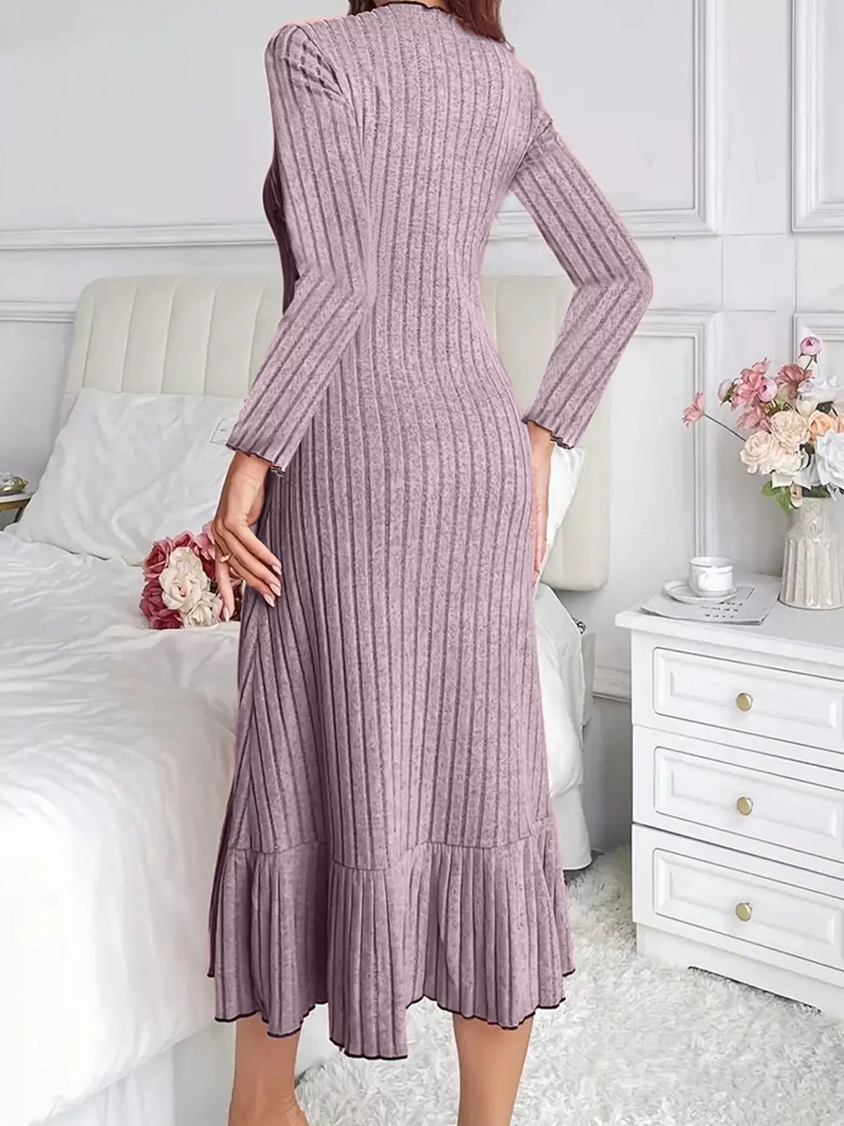 Ribbed Knit Bodycon Dress with Ruffle Hem