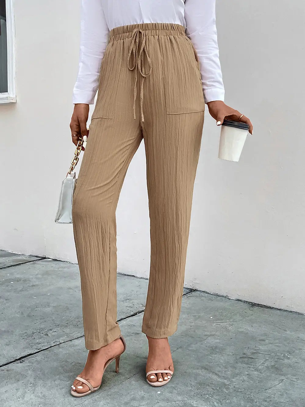 Textured Drawstring Pants in Tan