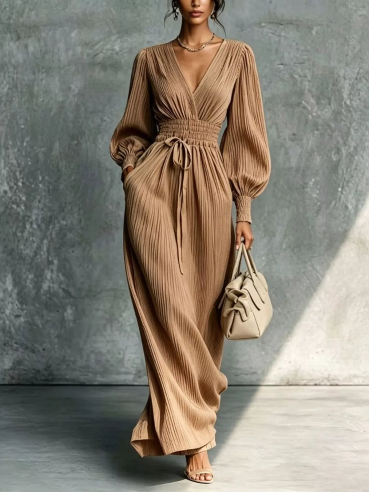 Pleated V-Neck Maxi Dress with Lantern Sleeves