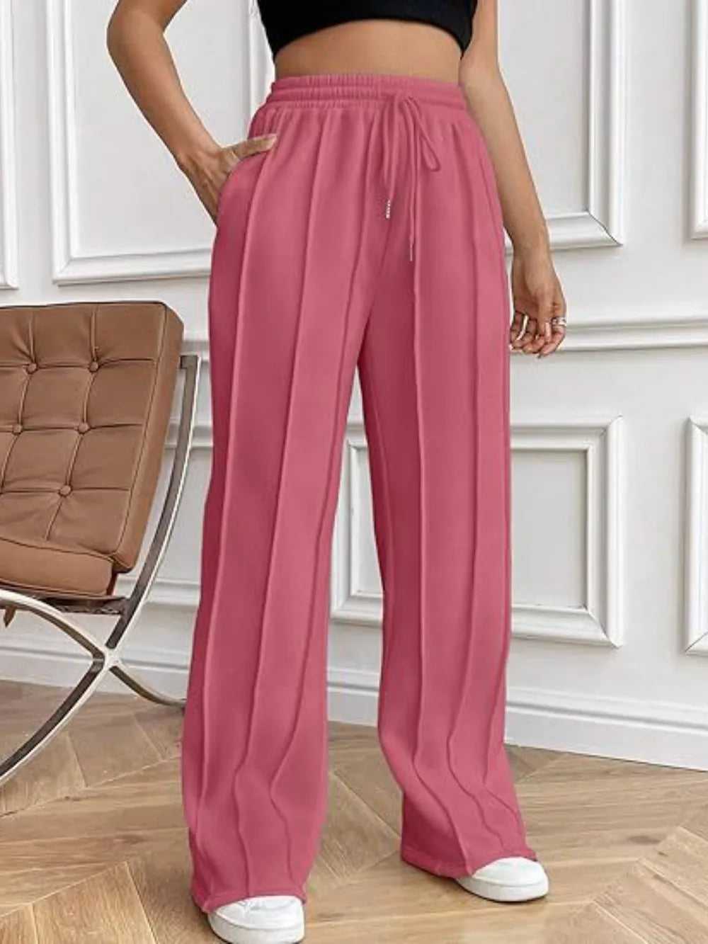 Drawstring Wide Leg Pants with Pockets by K&L