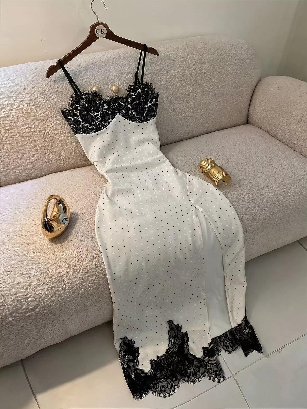 Polka Dot Lace Trim Maxi Dress in White