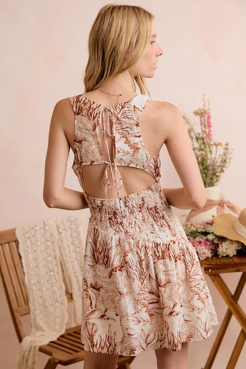 So Me Shell Print Smocked Mini Dress in Taupe