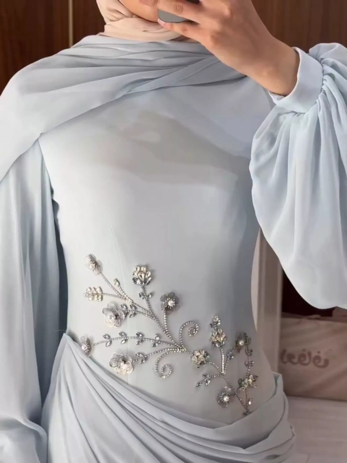 Long-Sleeve Rhinestone Ruched Maxi Evening Dress