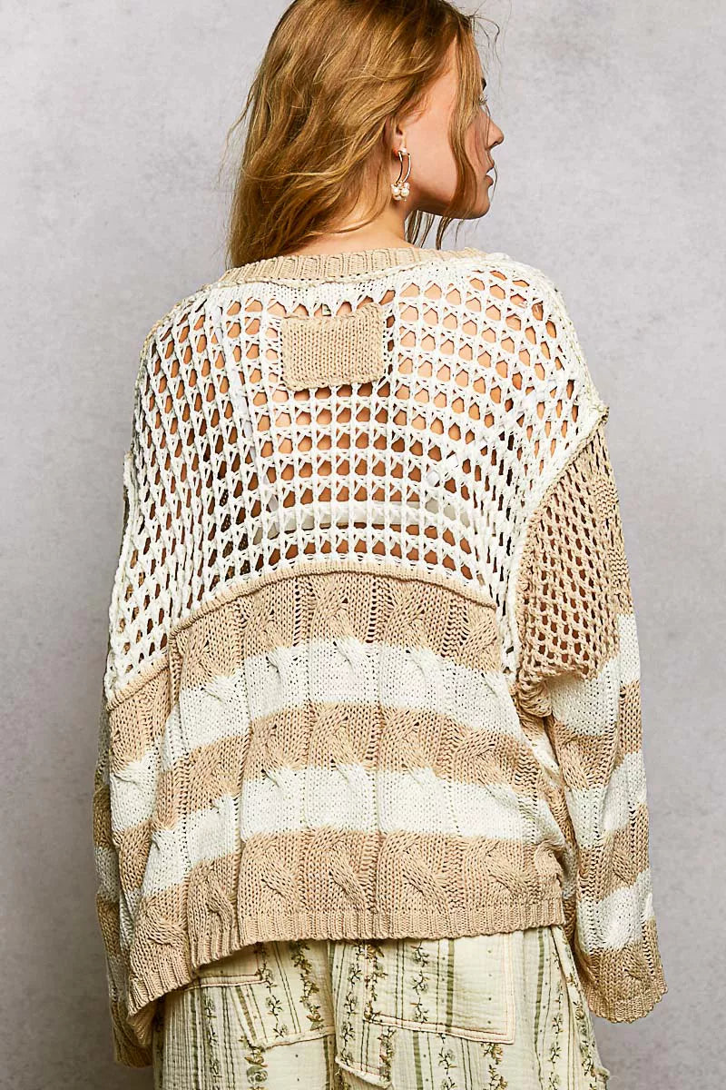 Color-Block Stripe Twisted Weave Top in Beige by POL
