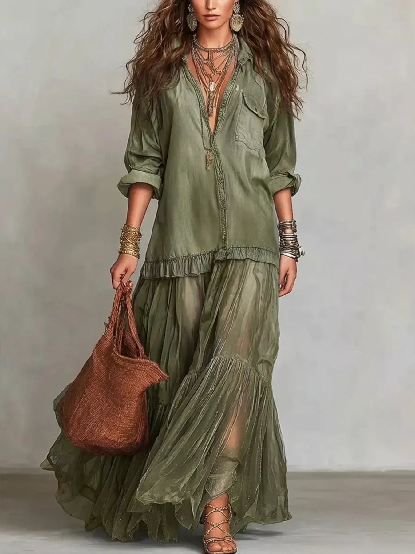 Tiered Long-Sleeve Denim Shirt Maxi Dress, Plus Size