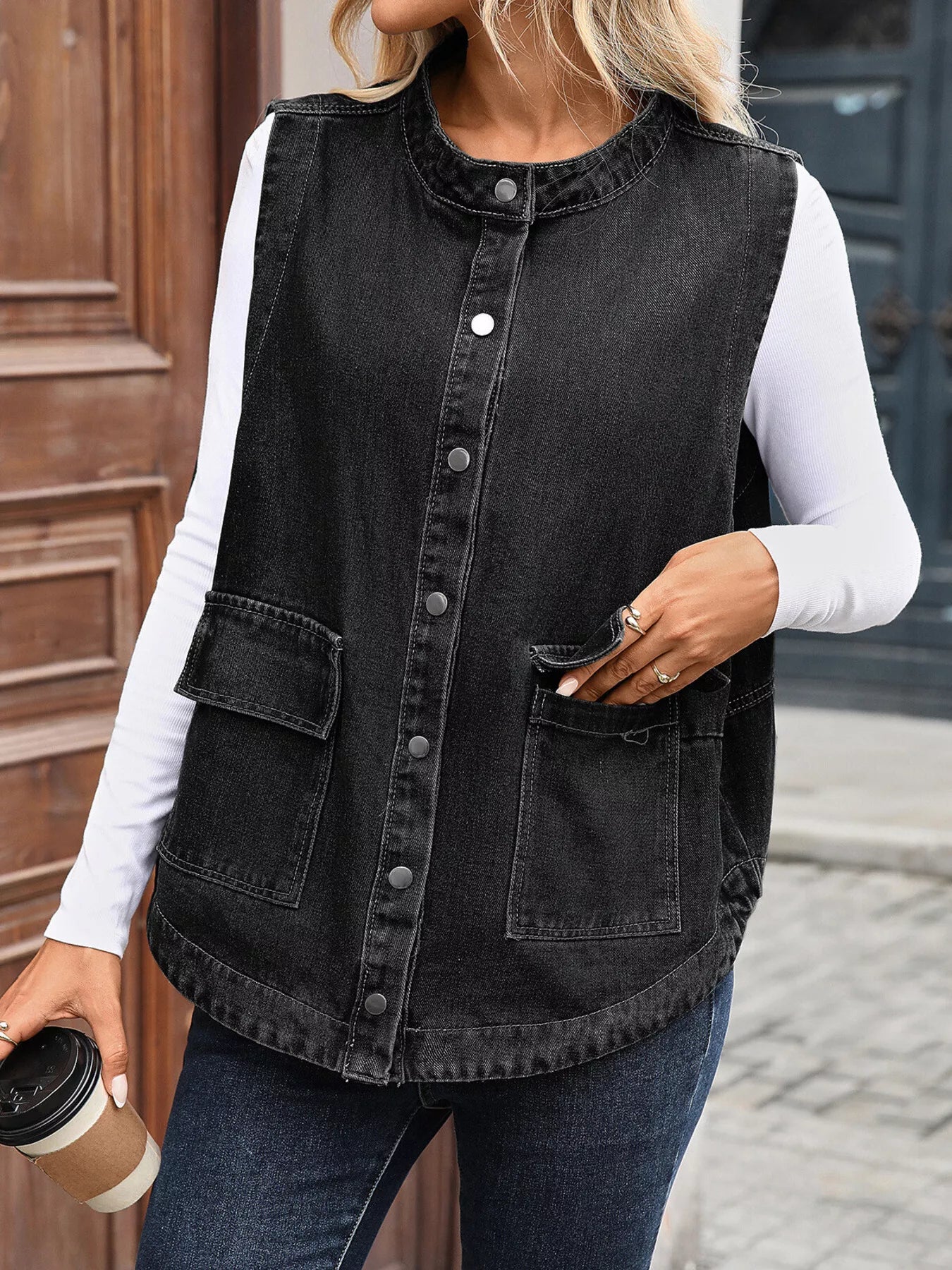 Snap-Down Sleeveless Denim Jacket by Moni Wear