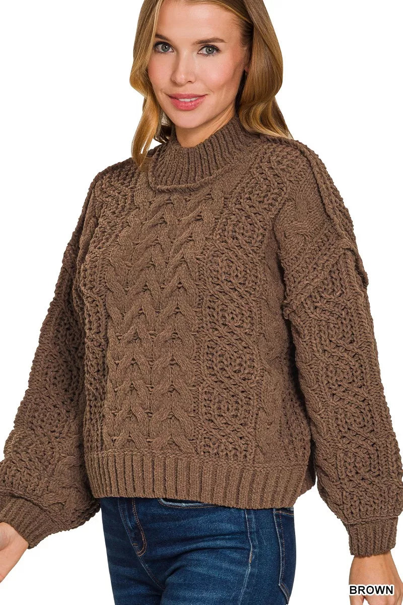 Zenana Cable-Knit Ribbed Turtleneck Sweater in Brown