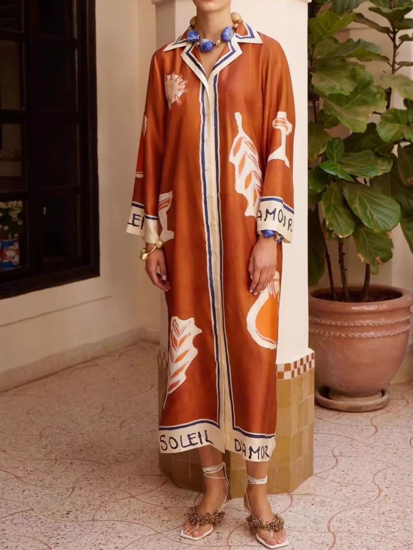 Contrast-Trim Button-Down Shirt Dress in Ochre