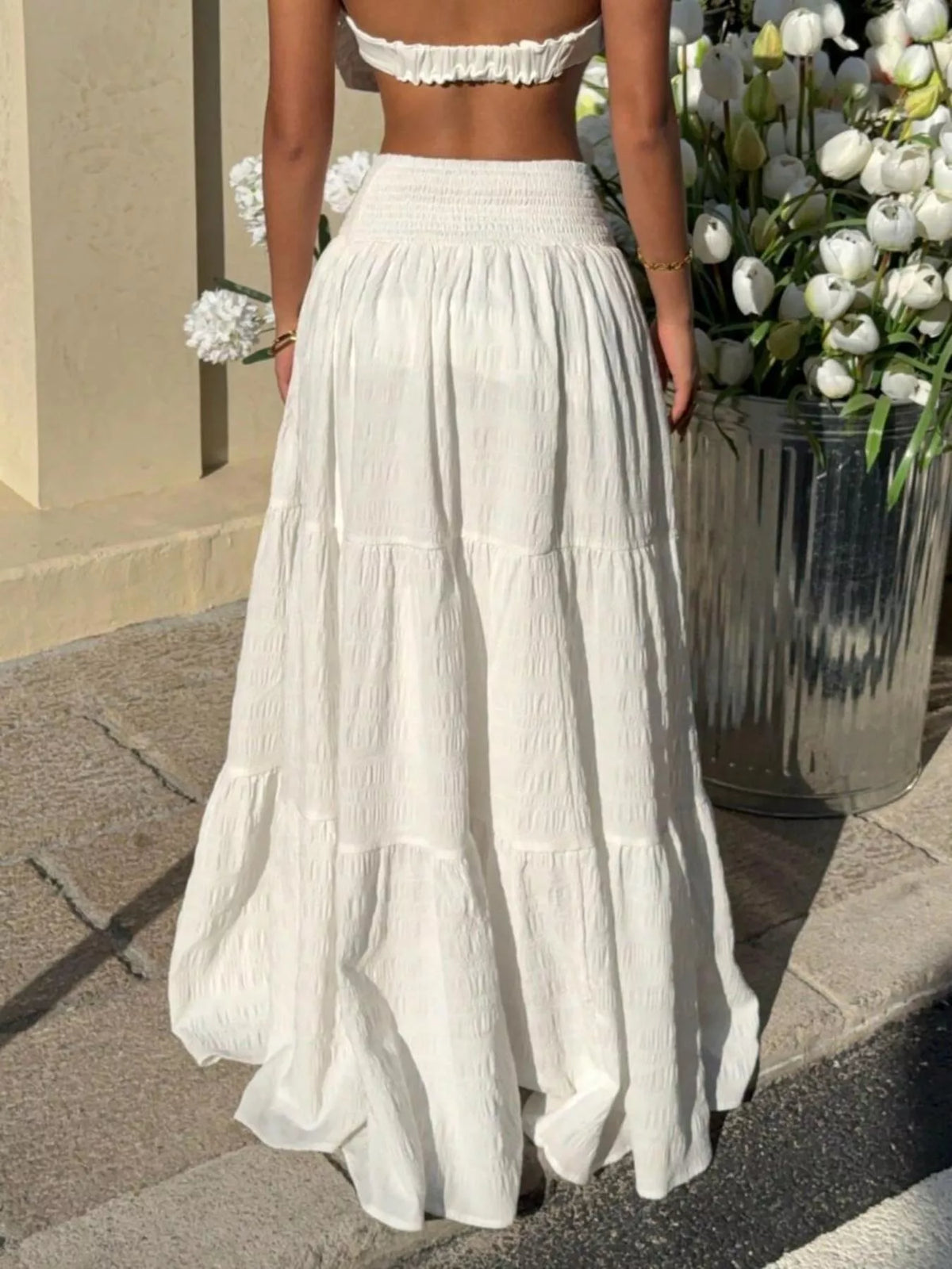Smocked Tiered Maxi Skirt in White