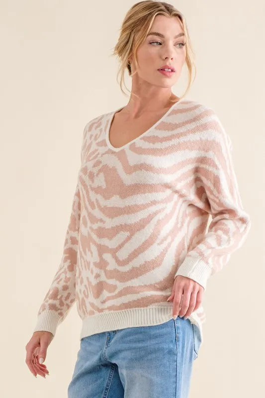 And The Why Leopard-Zebra Print Sweater in Pale Pink