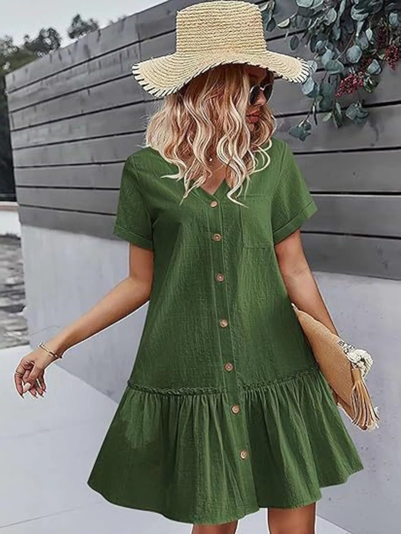 Button-Down Ruffle Hem Mini Dress