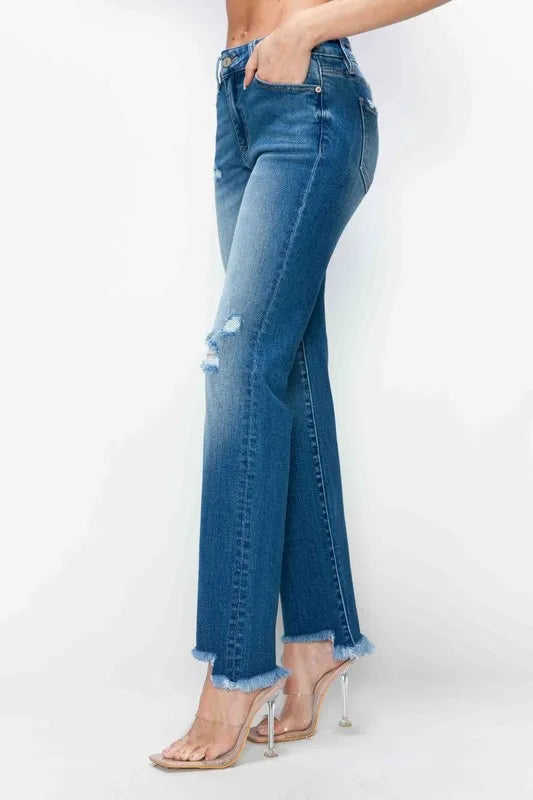 Raw Hem Distressed Mid Rise Straight Jeans in Medium Wash