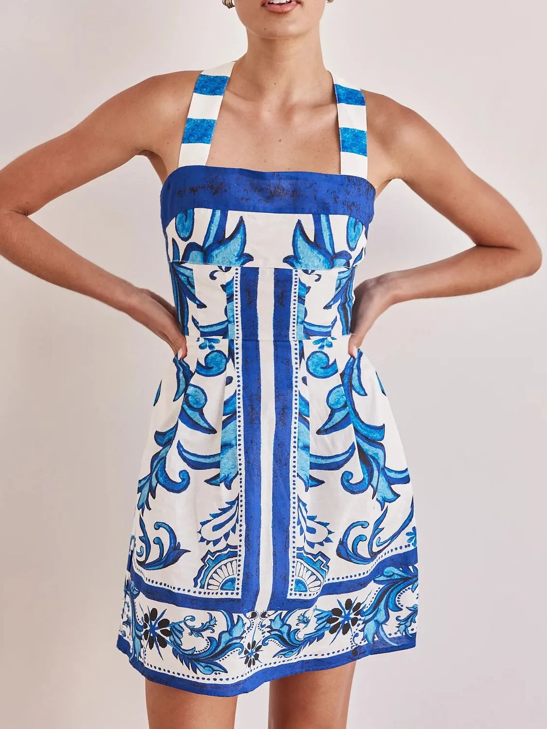Printed Square Neck Buttoned Midi Dress