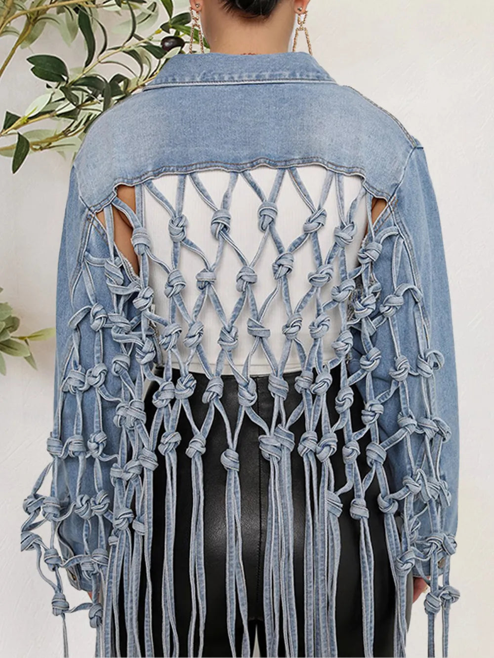 Tie Detail Button-Up Denim Jacket in Medium Wash by DE.C.H & K.M