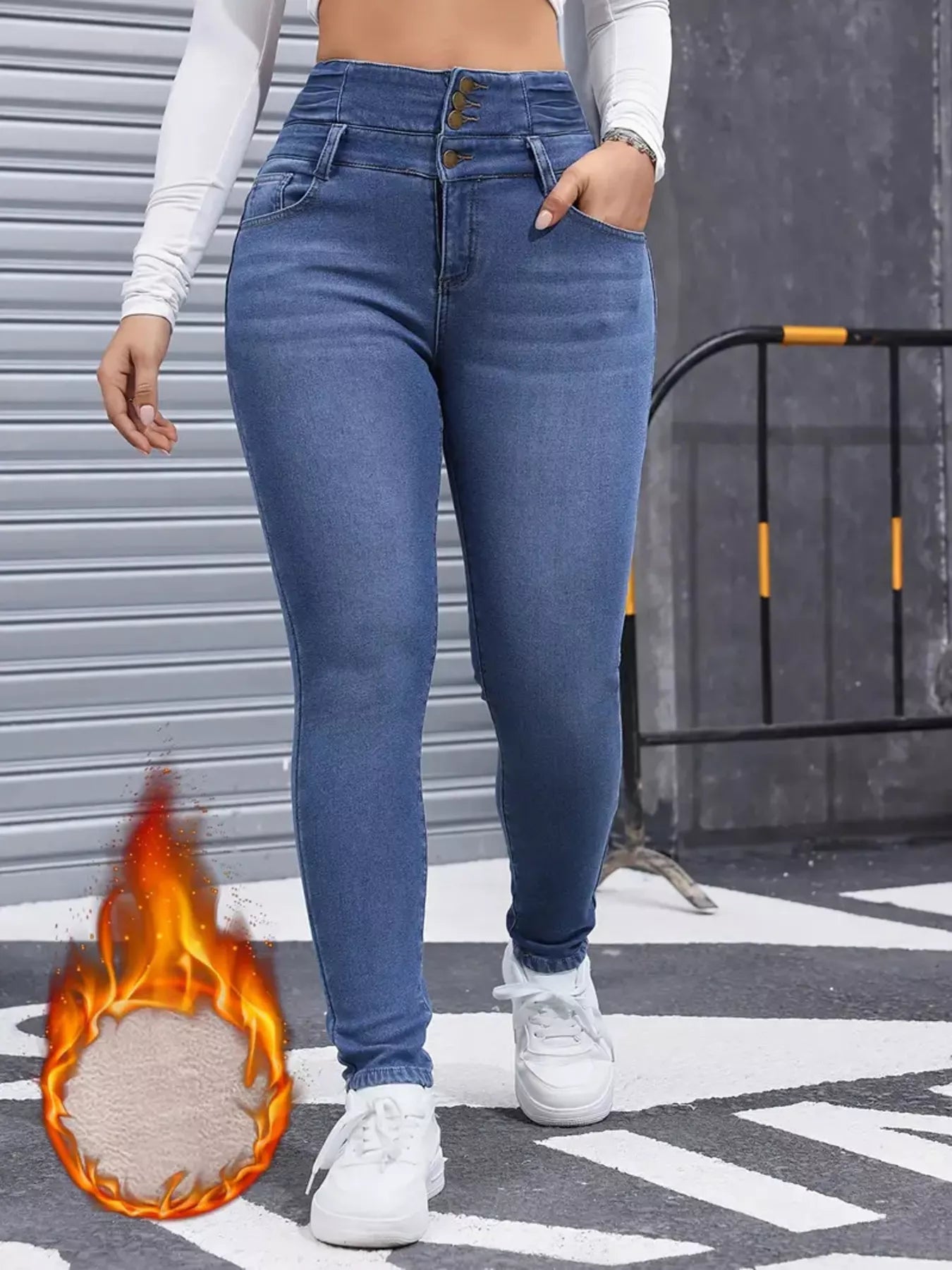High-Waisted Slim Fit Fleece-Lined Jeans in Blue