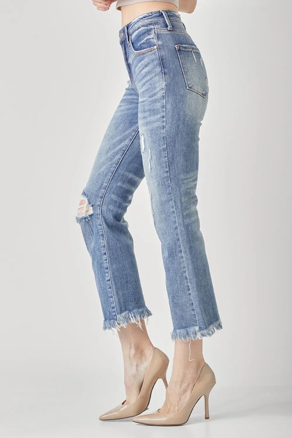 Risen High Waist Distressed Cropped Bootcut Jeans in Dark
