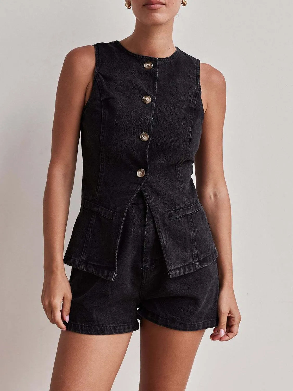 Button-Down Vest and Shorts Denim Set