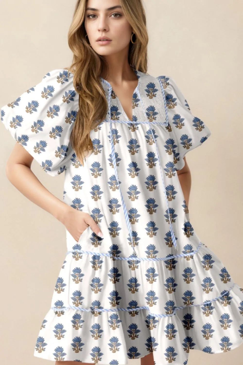 Floral Puff Sleeve Mini Dress in Dusty Blue