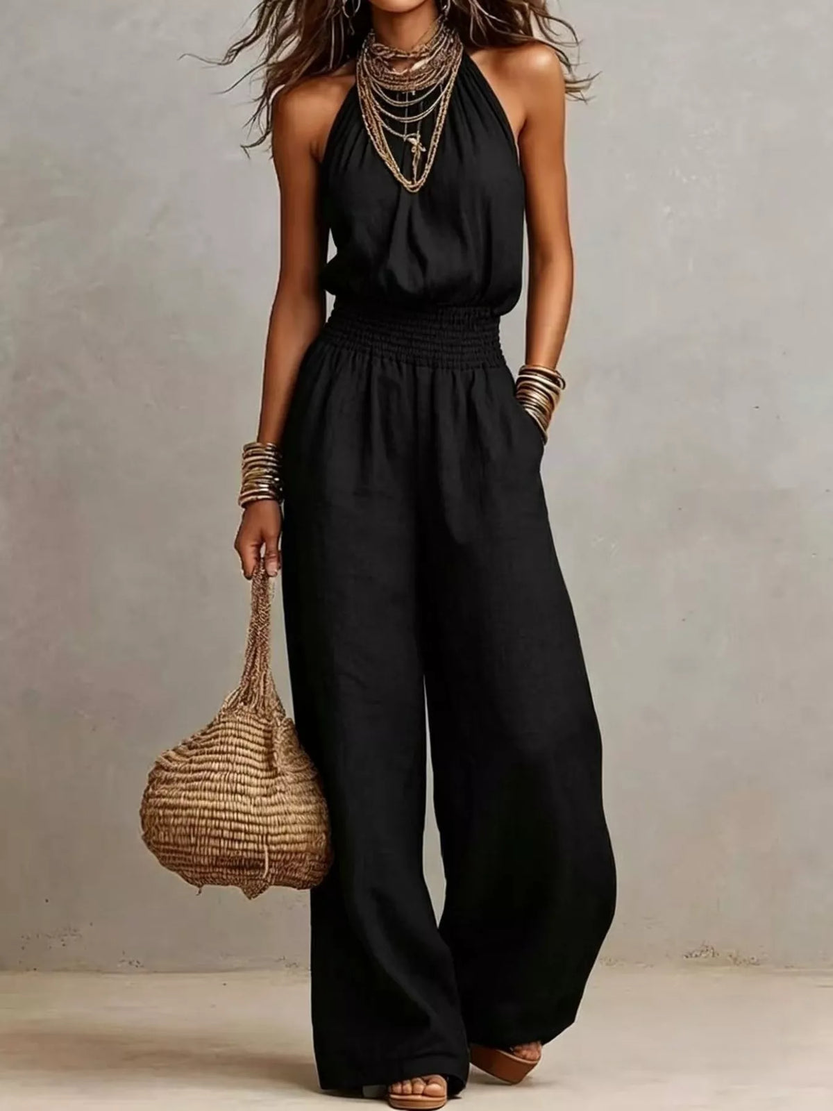 Halter Neck Smocked Wide-Leg Jumpsuit