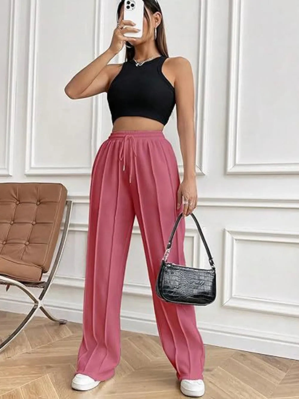 Drawstring Wide Leg Pants with Pockets by K&L