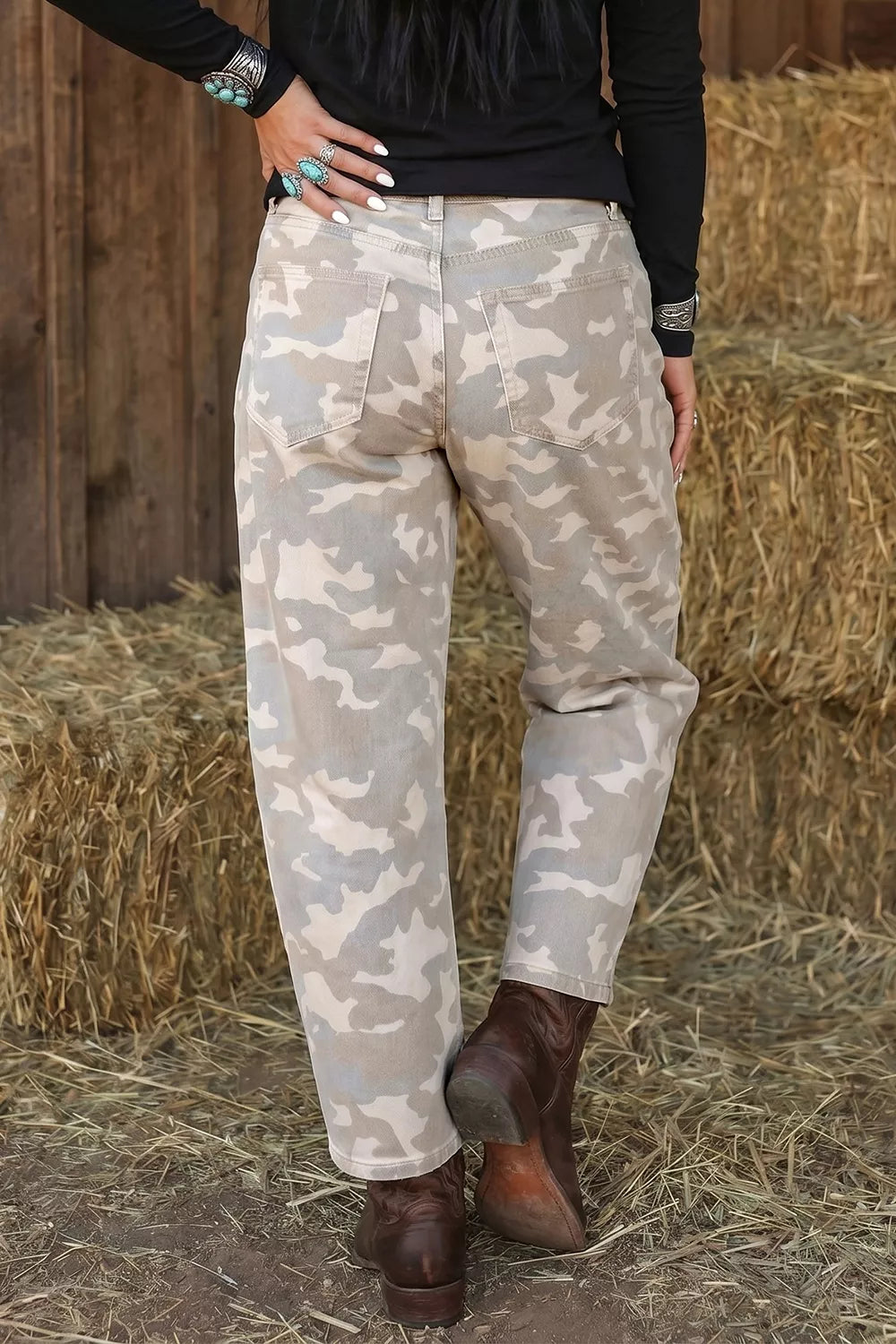 Camouflage Print Ankle Barrel Jeans in Dust Storm