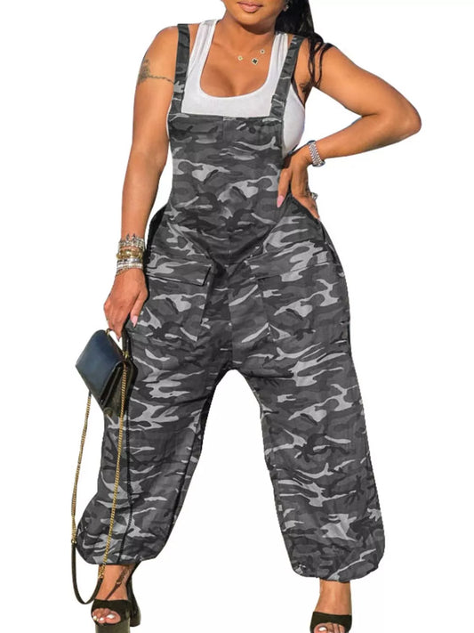Square Neck Overalls in Gray Camouflage
