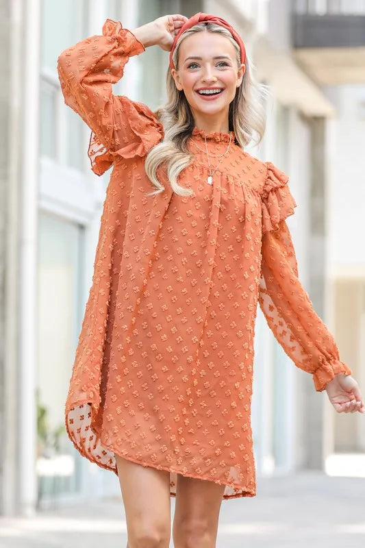 And The Why Ruffle Shoulder Swiss Dot Dress in Camel
