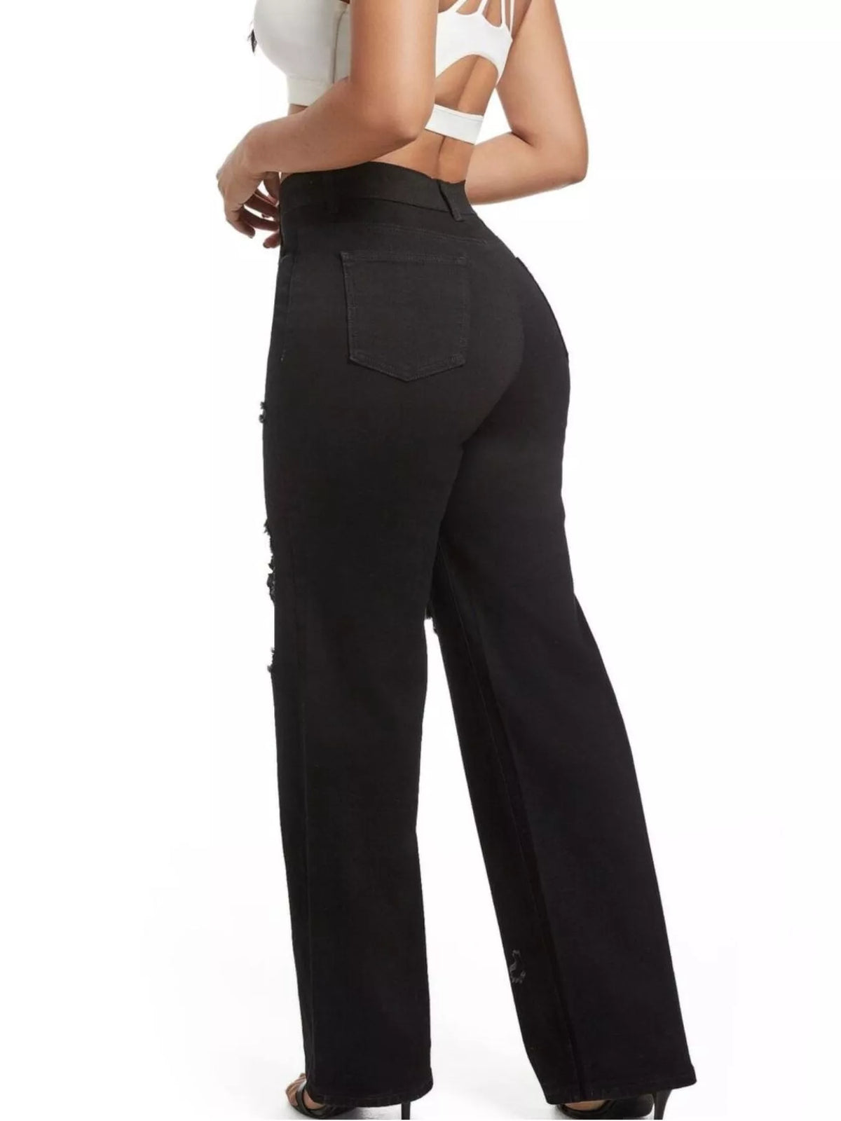 Distressed Wide Leg Jeans with Cat's Whisker Detail