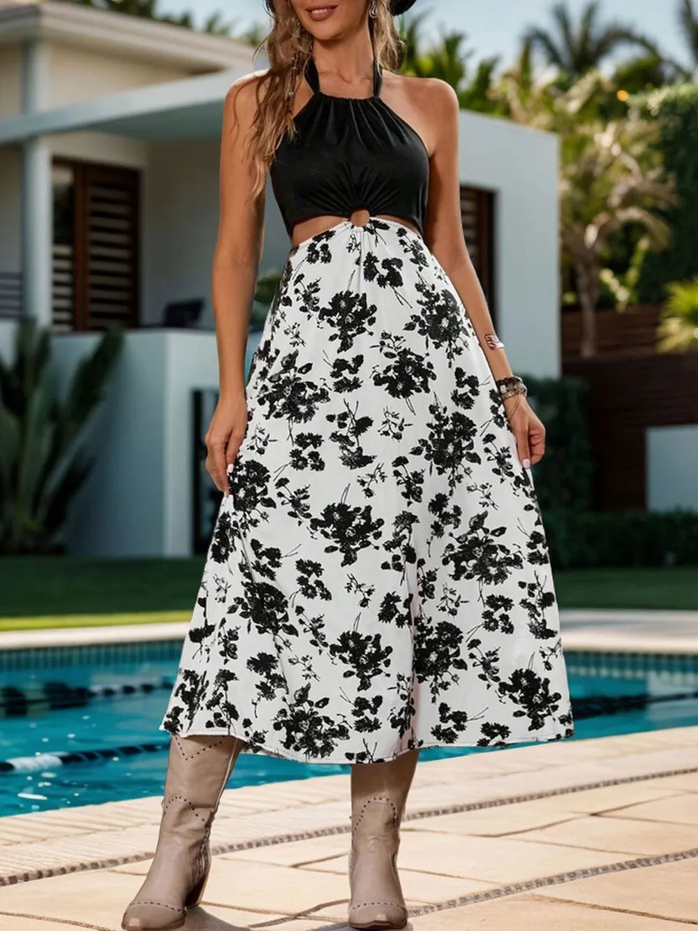 Backless Halter Neck Midi Dress in Black
