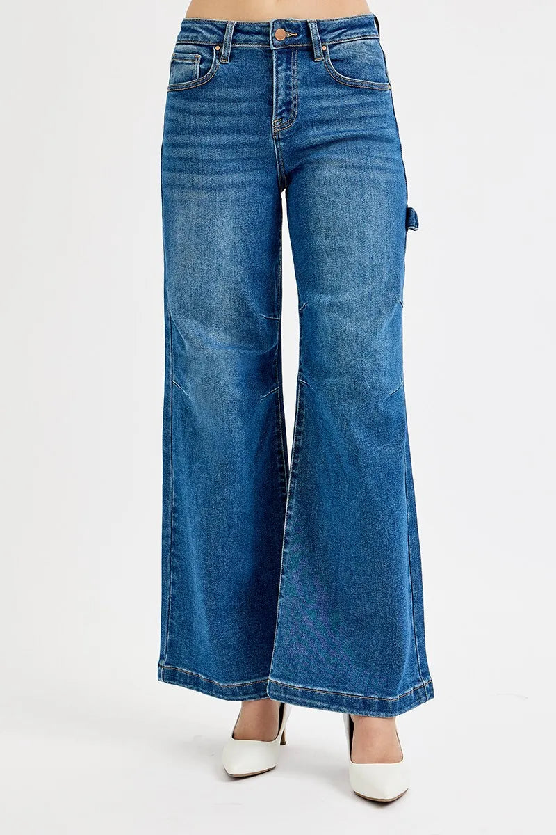 Risen High Rise Wide Leg Jeans with Patch Detail in Dark Wash