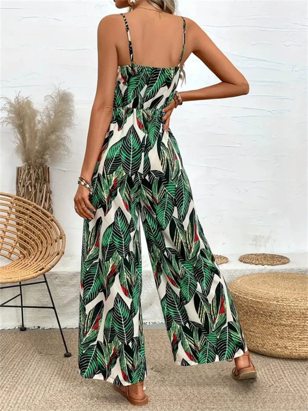 Tropical Print Wide Leg Jumpsuit in Dark Green