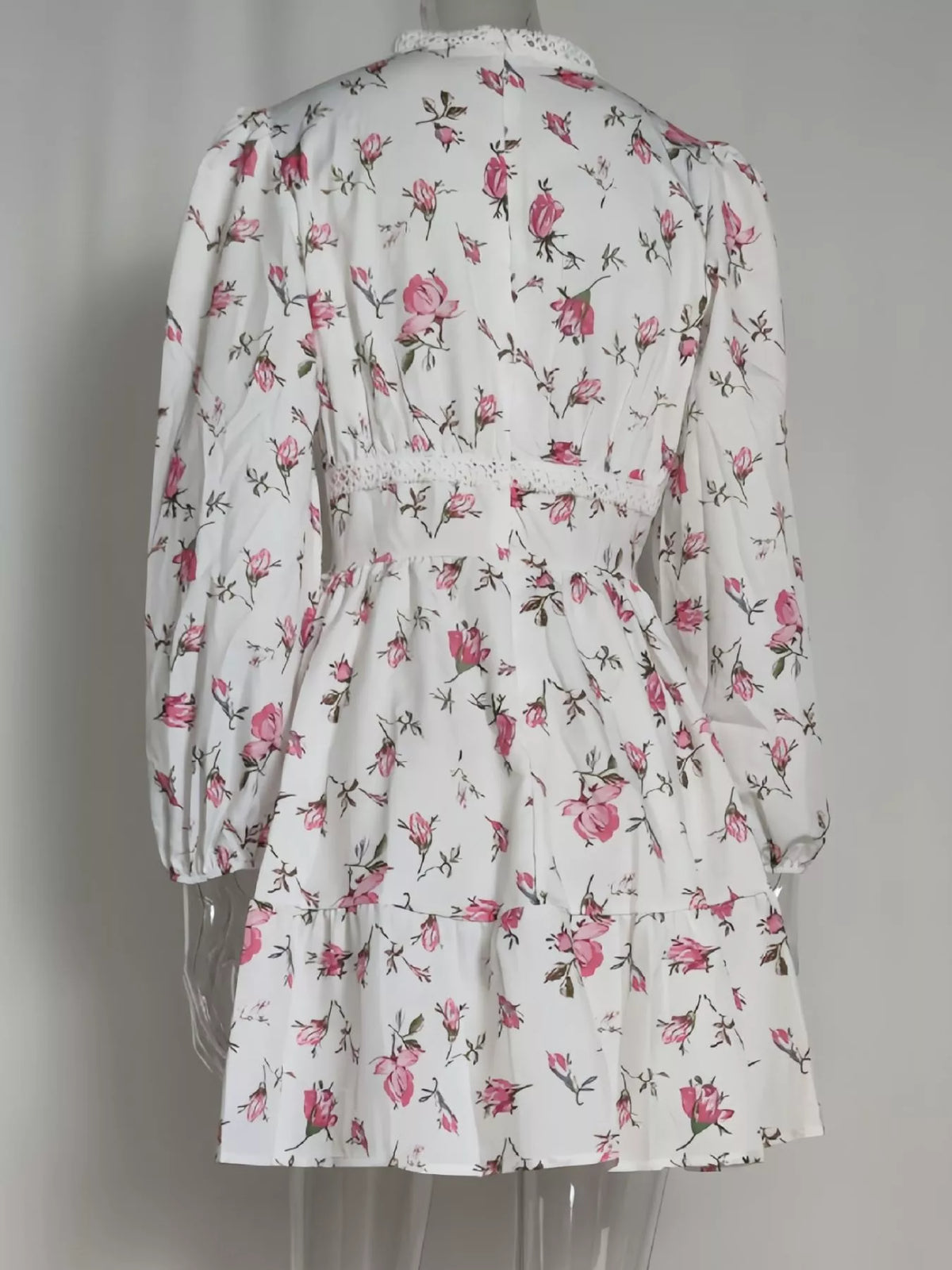 Lace Detail V-Neck Balloon Sleeve Dress