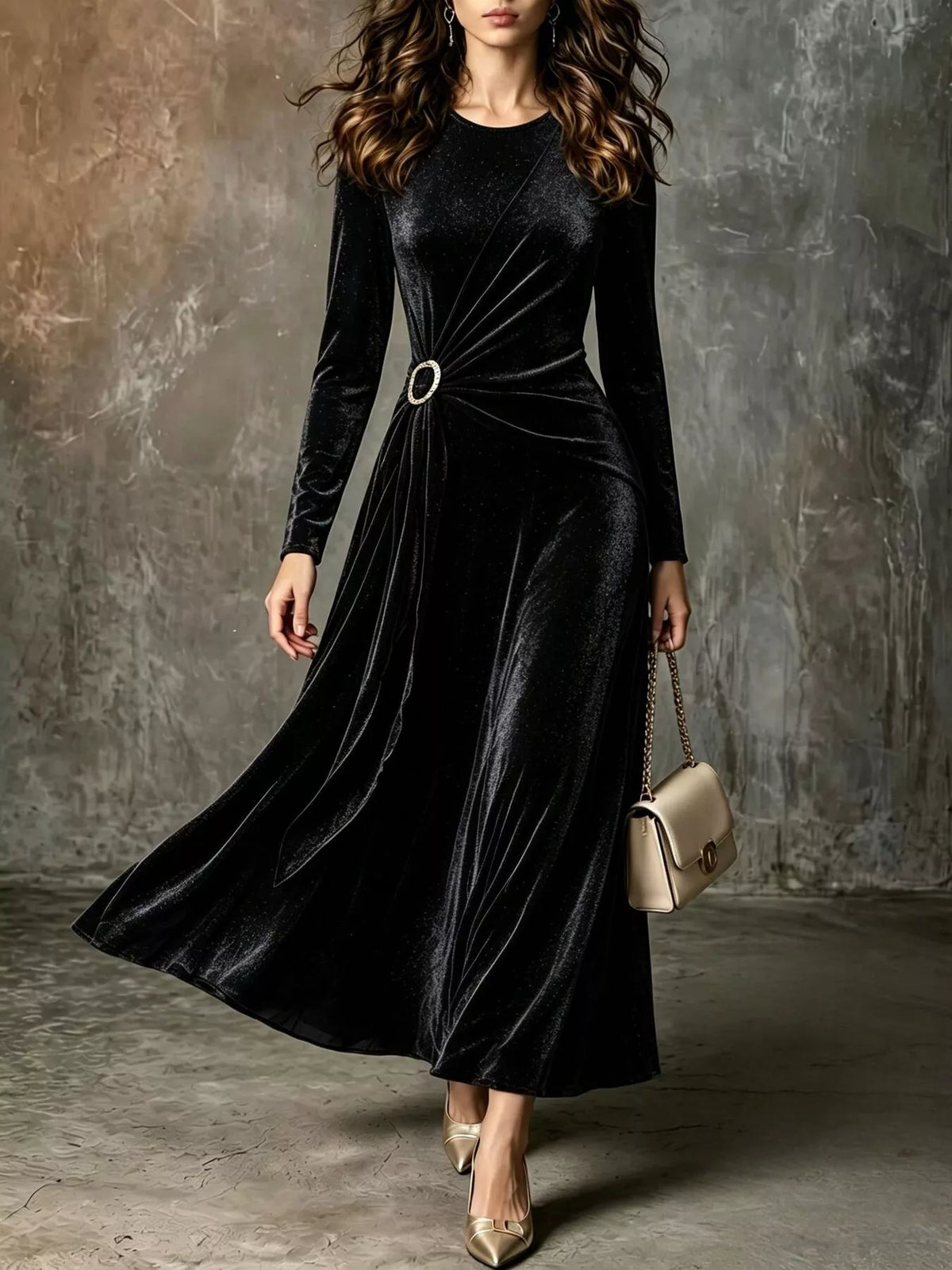 Velvet Long-Sleeve Maxi Dress with Ring Detail