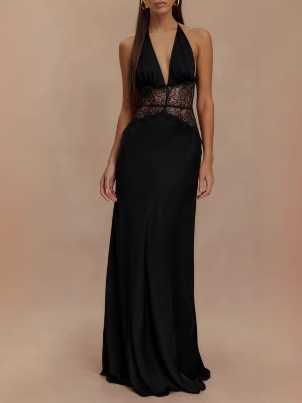 Halter Neck Lace-Trimmed Maxi Dress by Mystique Q