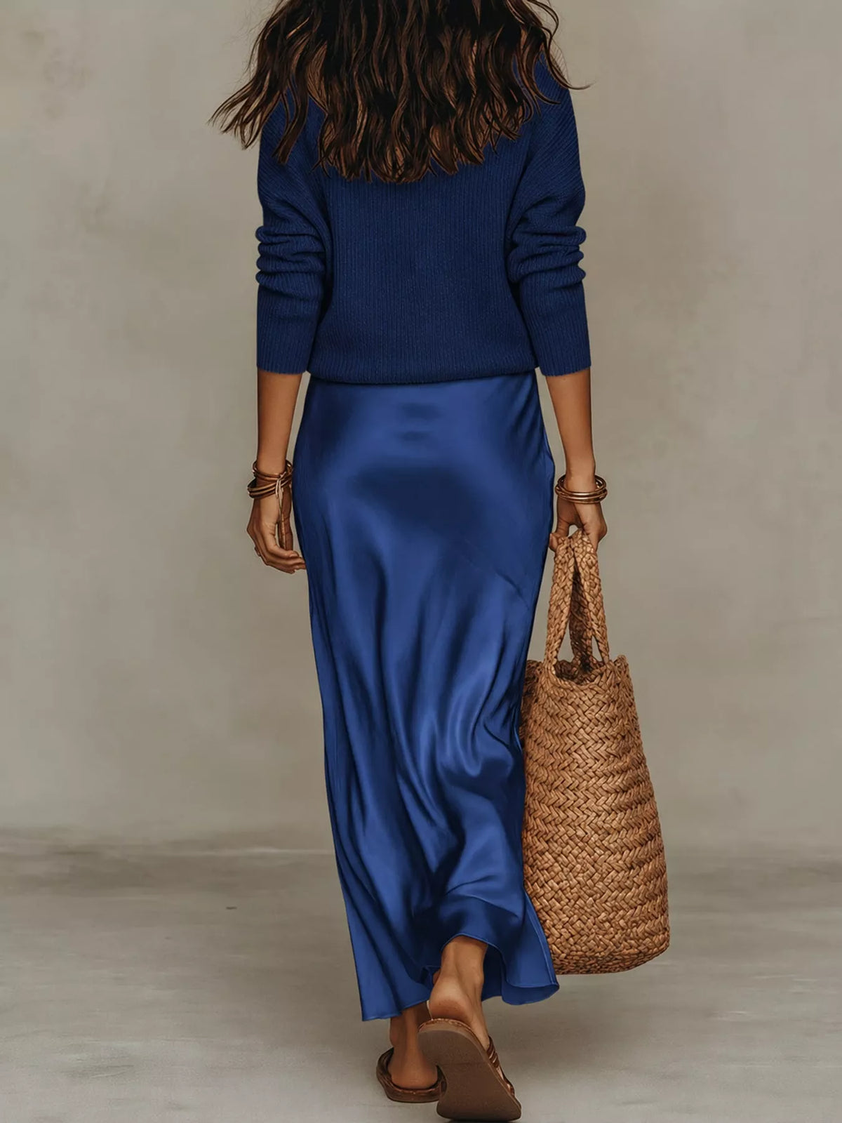 V-Neck Top and Satin Midi Skirt Set