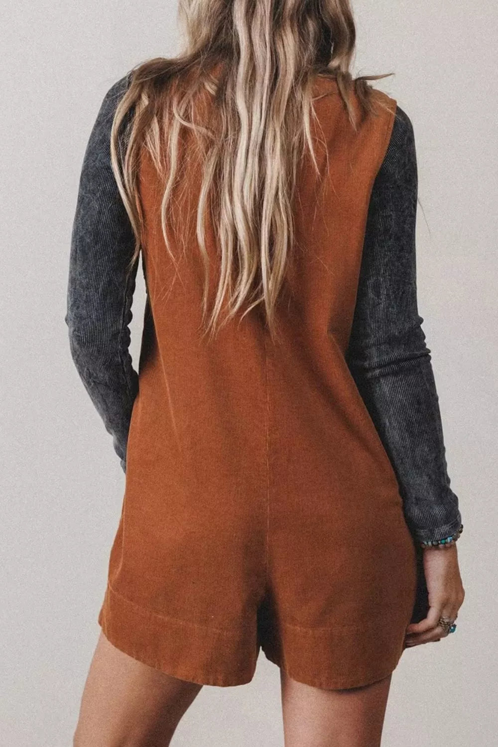 Tie V-Neck Corduroy Romper in Caramel