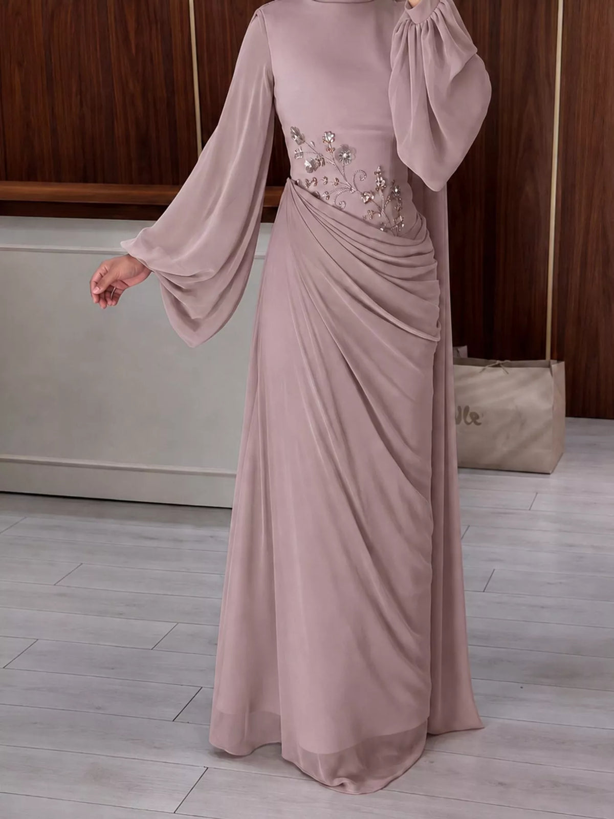 Long-Sleeve Rhinestone Ruched Maxi Evening Dress