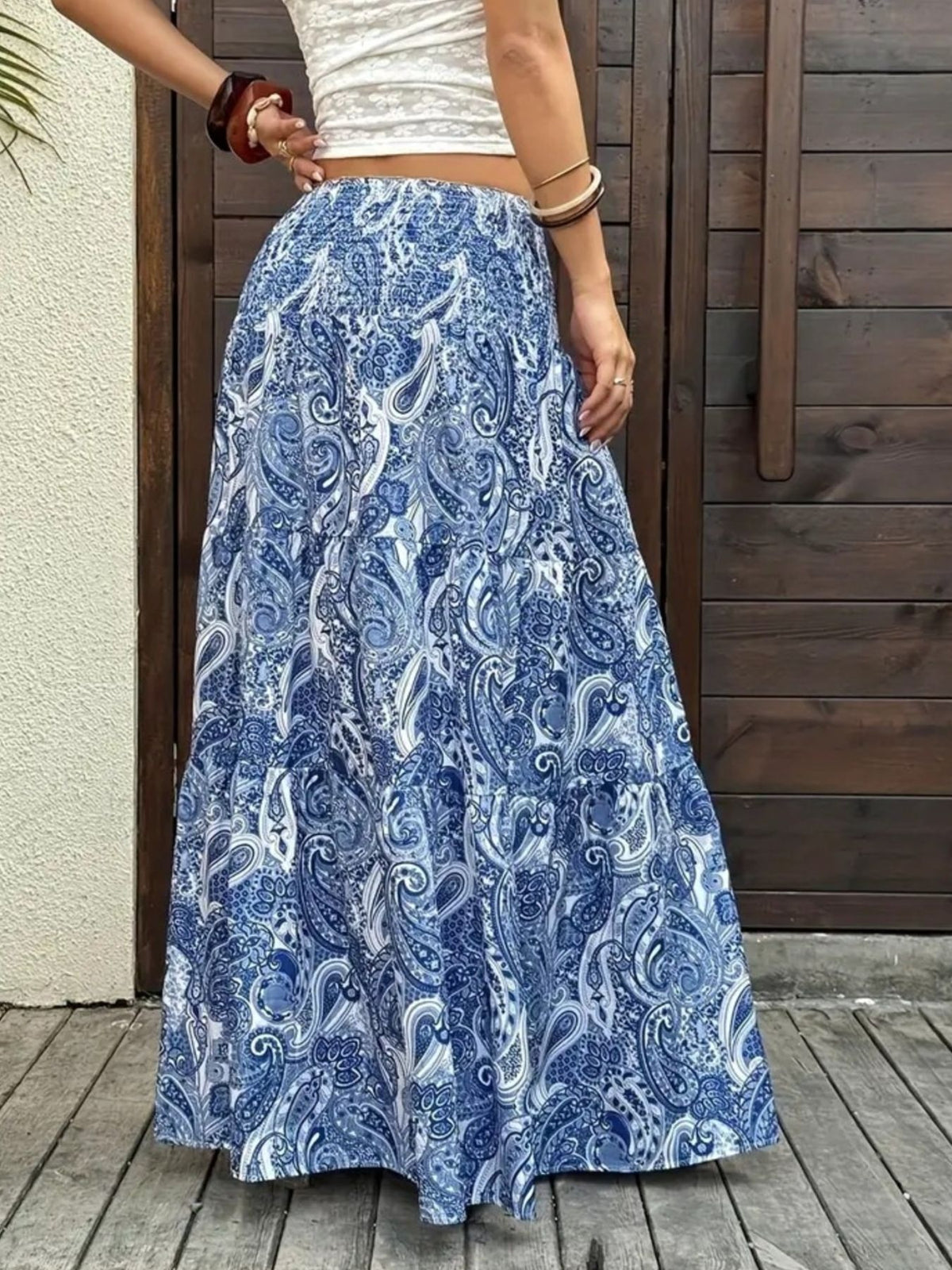 Smocked Paisley Print Maxi Skirt