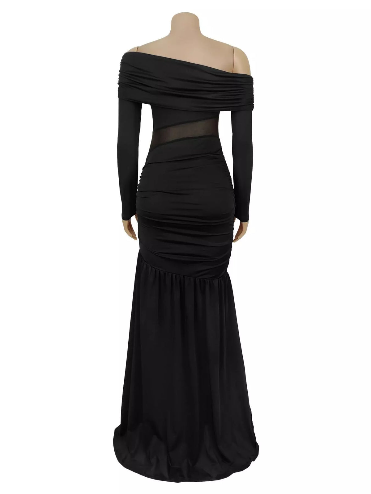 Off-Shoulder Sheer Mesh Maxi Dress with Slit