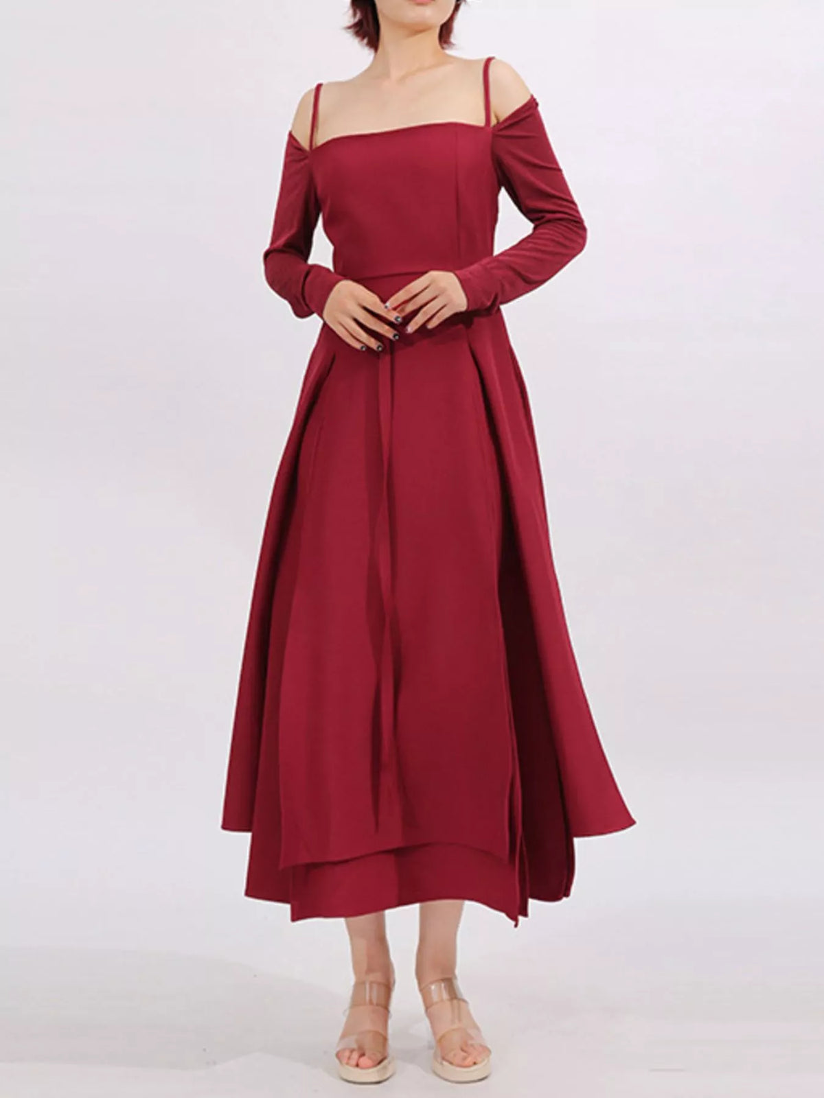 Belted Ruched Slit Long Sleeve Dress