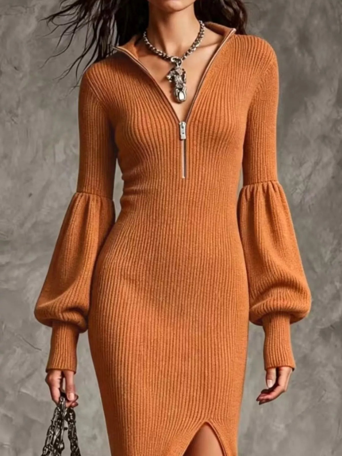 Ribbed Quarter-Zip Lantern Sleeve Sweater Dress