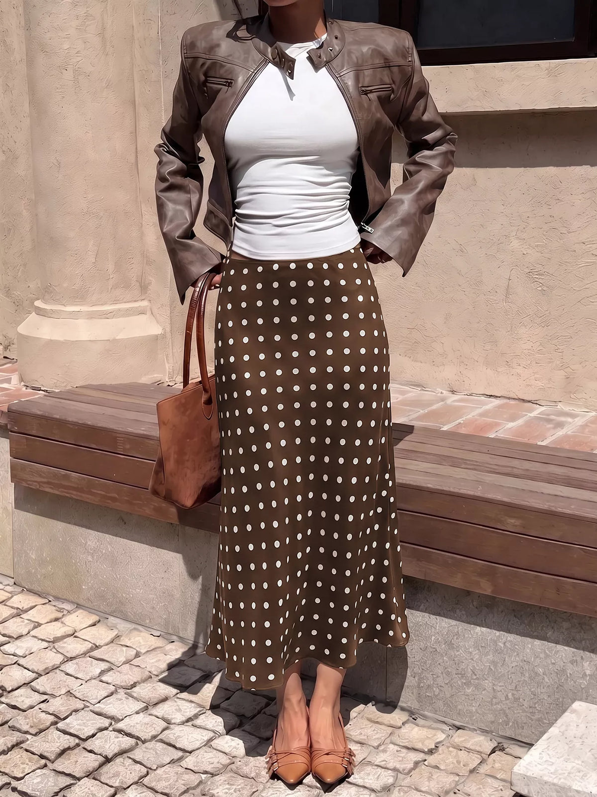 Polka Dot Midi Skirt in Brown