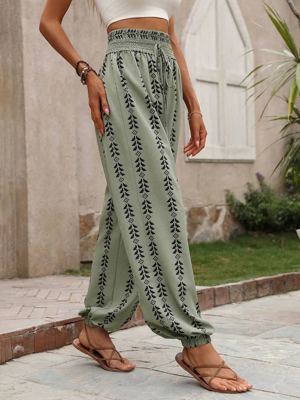 Tied Printed High-Waist Pants